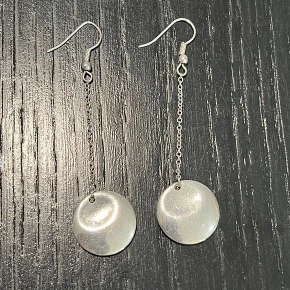 Silver Disk Style Pendant Dangle Earrings (heavy) - Picture 2 of 4